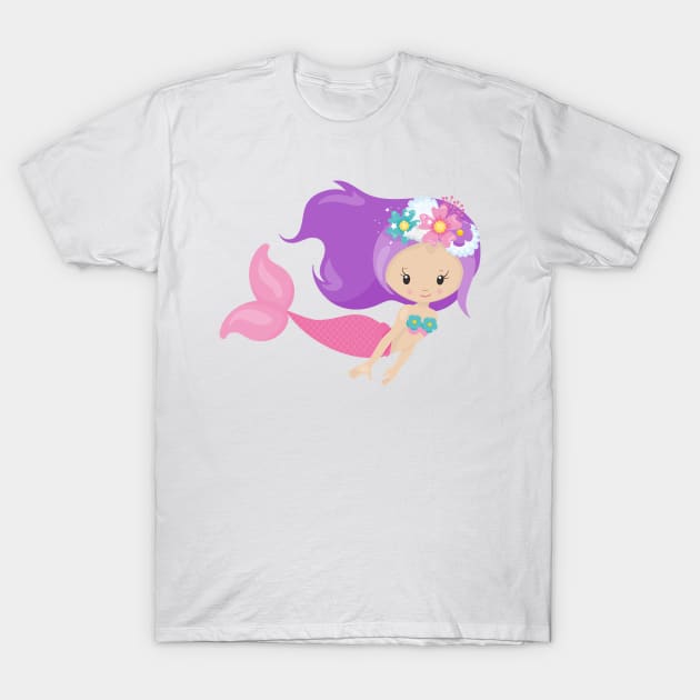 Cute Mermaid, Little Mermaid, Flowers, Purple Hair T-Shirt by Jelena Dunčević